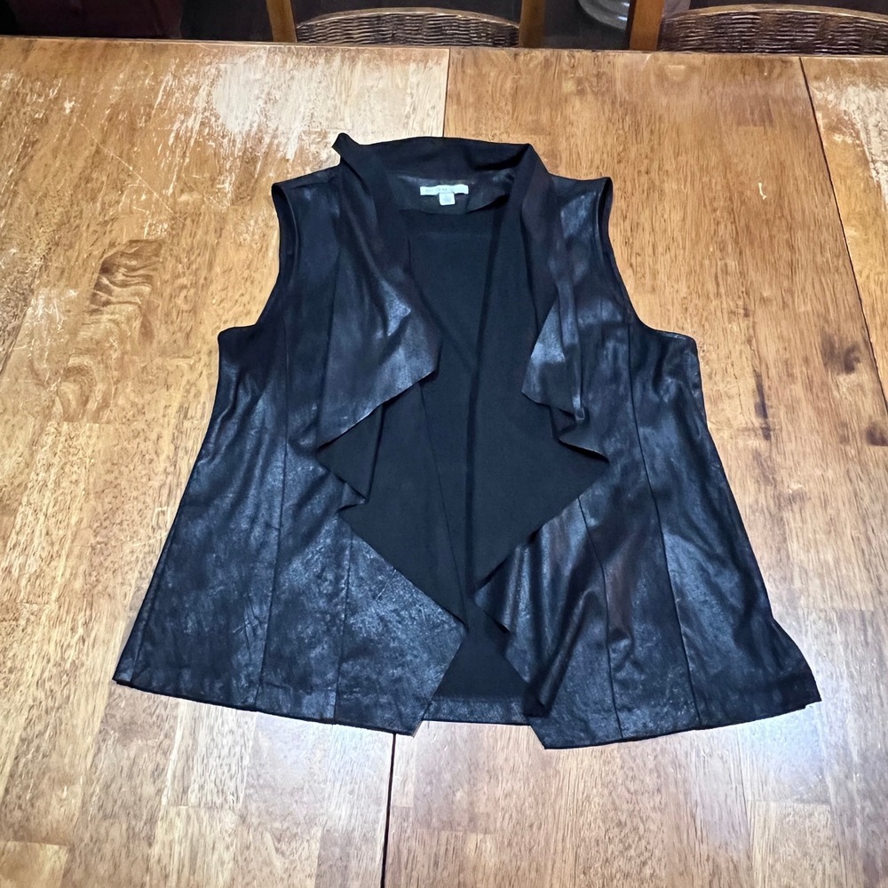 Est 1946 Waterfall Open Front Cardigan Vest Faux Suede Leather Black Womens L